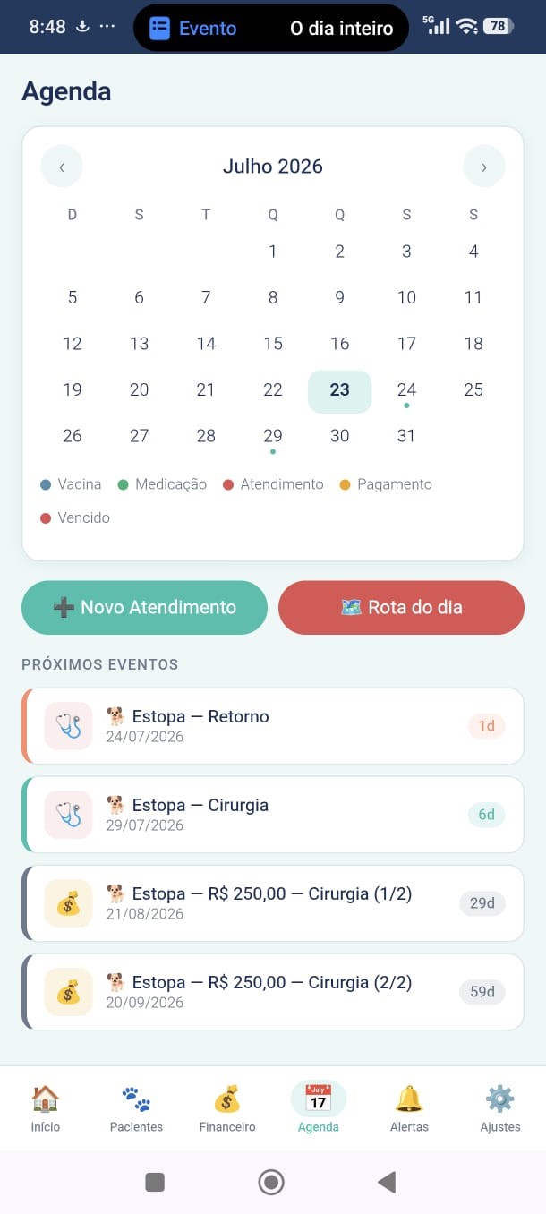 Tela de agenda do VetFlowCare com calendário de julho 2026 e próximos eventos