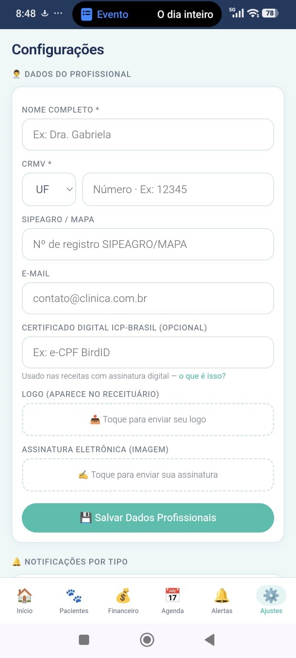 Tela de configurações com dados profissionais, CRMV, logo e assinatura eletrônica